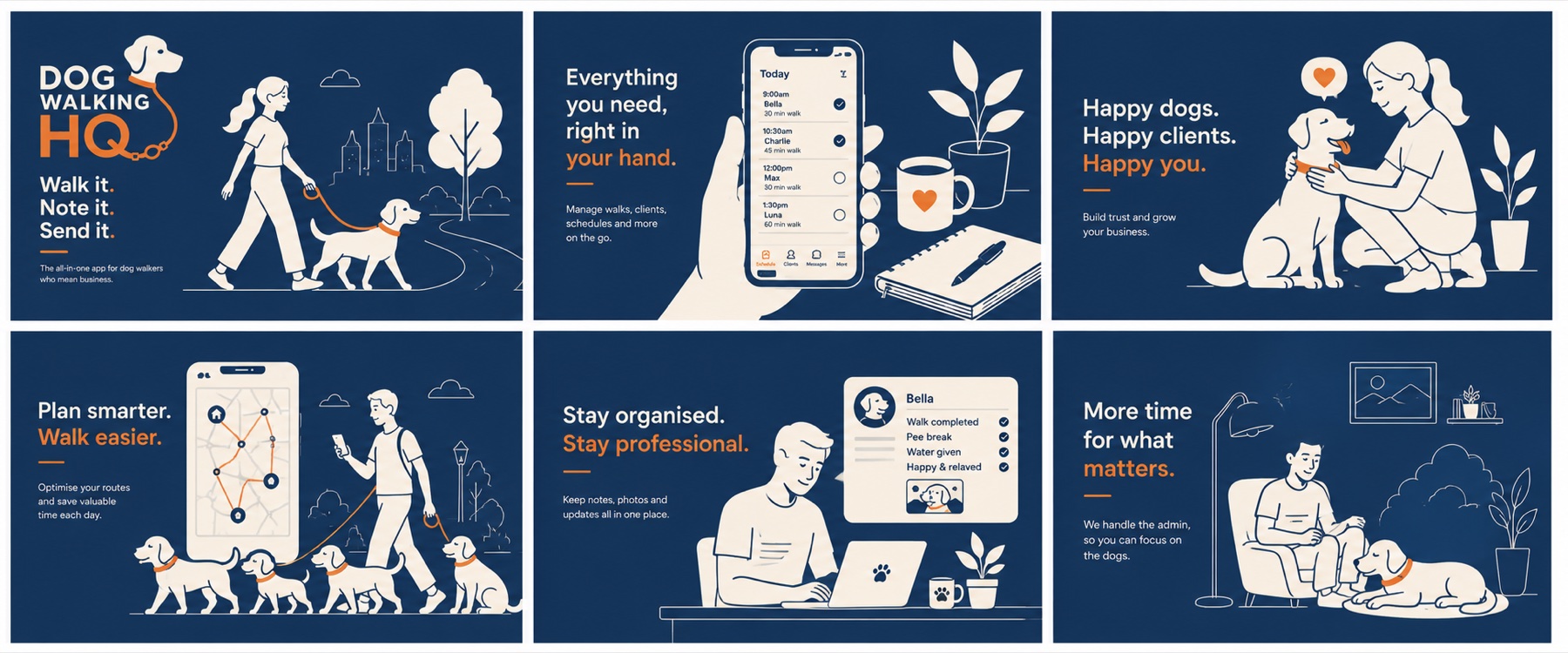 Six illustrated panels: Walk it Note it Send it; everything you need right in your hand; happy dogs, happy clients, happy you; plan smarter, walk easier; stay organised, stay professional; more time for what matters