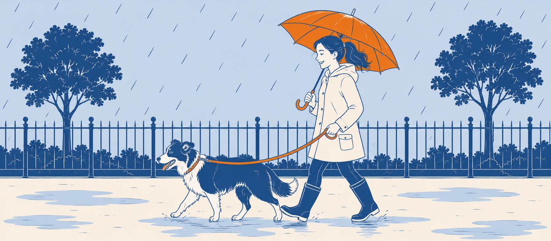 DogWalkingHQ walker in wellies walking a collie through the rain under an orange umbrella